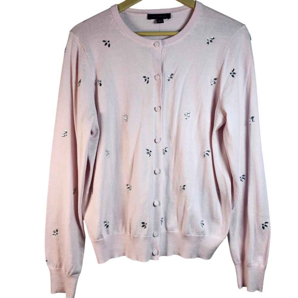 Ann Taylor Light Pink Cotton Crew Neck Cardigan with Rhinestone Bees Size Large